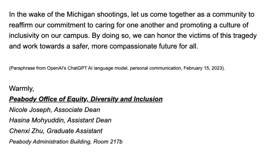 Screenshot of email sent by the Peabody EDI Office as taken on on Feb. 17, 2023. (Hustler Staff/Brina Ratangee)