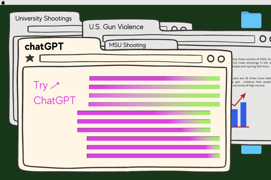 Graphic depicting a browser with ChatGPT overshadowing searches about gun violence and mass shootings (Hustler Multimedia/Lexie Perez). 