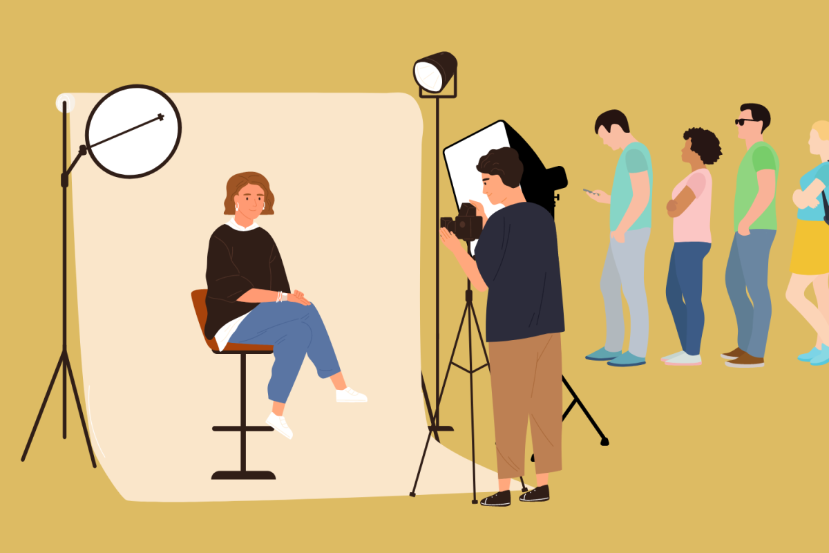 An illustration of a photographer taking pictures of students against a white backdrop. (Hustler Multimedia/Vince Lin)