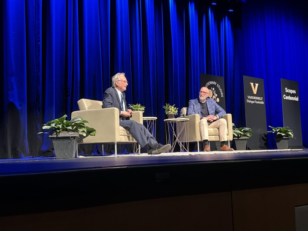 Richard Dawkins and David French discuss the 1925 Scopes Trial in Langford Auditorium, as photographed on Feb. 11, 2025. (Hustler Staff/Shayda Oliaei)