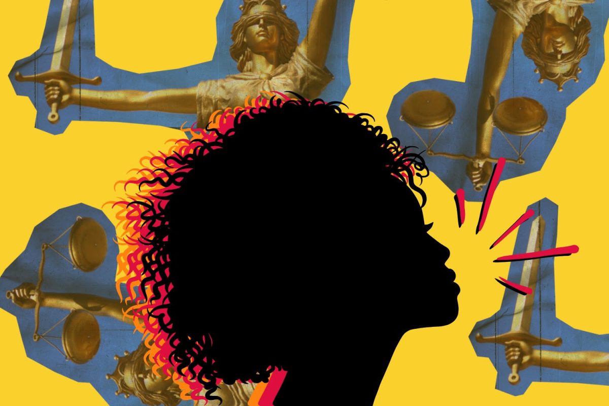 Graphic depicting a woman's silhouette speaking out amid a yellow background containing Lady Justice and the scales of justice. (Hustler Multimedia/Lexie Perez)