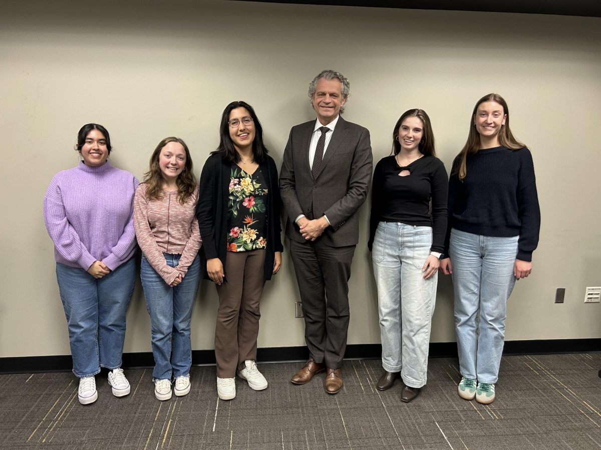 From left to right, Tasfia Alam, Alison Winters, Brina Ratangee, Chancellor Daniel Diermeier, Barrie Barto and Charlotte Castle, as photographed on April 8, 2025. (Photo courtesy of Julia Jordan)